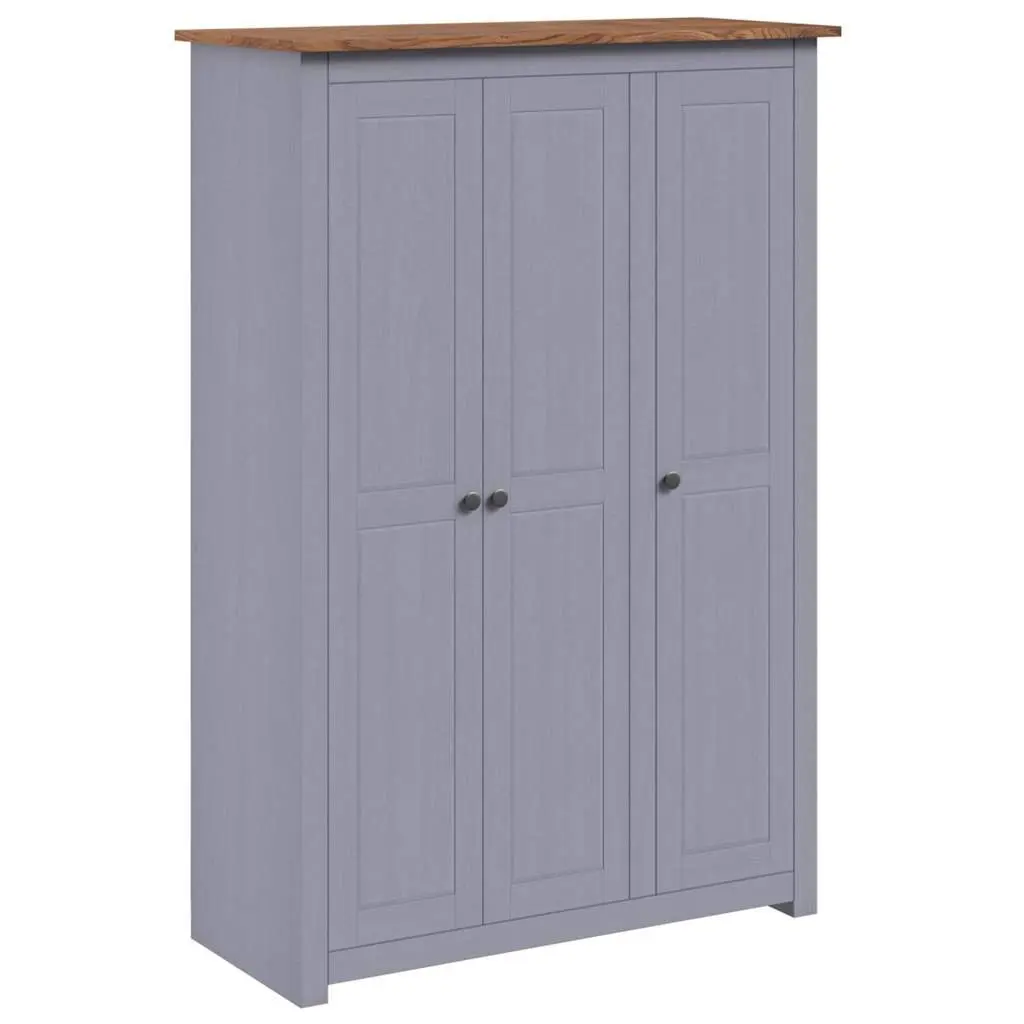 3-Door Wardrobe Grey Solid Pinewood Storage Cabinet with Shelves Hanger Bar