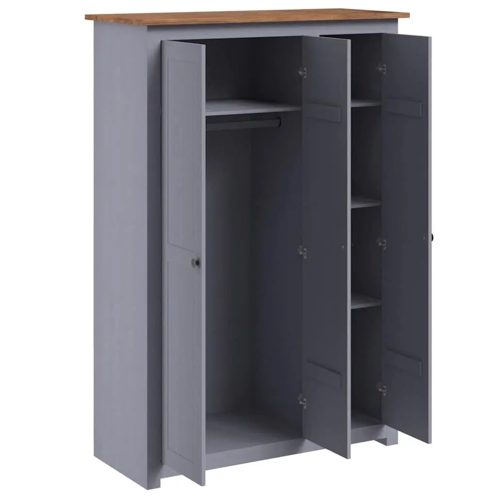 3-Door Wardrobe Grey Solid Pinewood Storage Cabinet with Shelves Hanger Bar