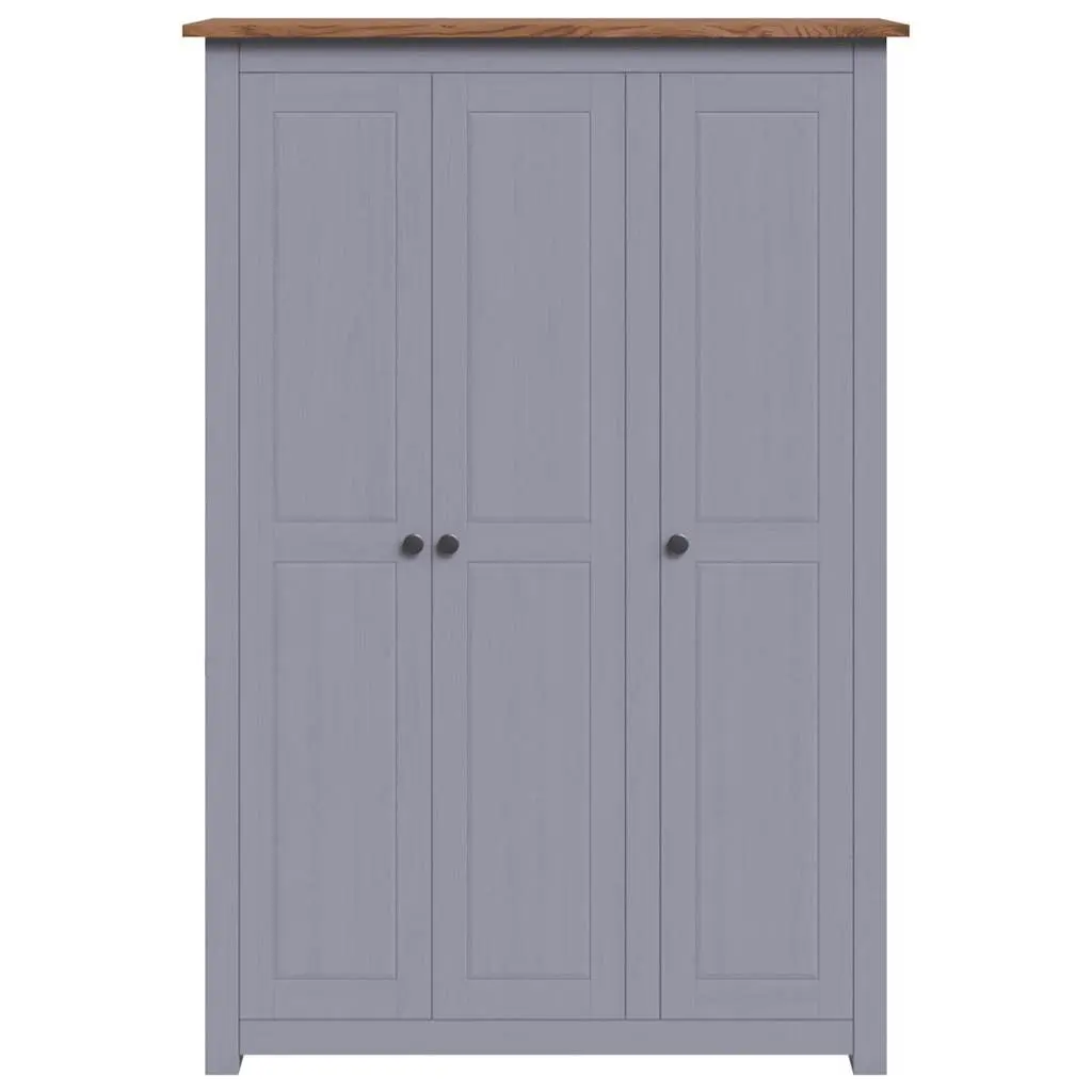 3-Door Wardrobe Grey Solid Pinewood Storage Cabinet with Shelves Hanger Bar