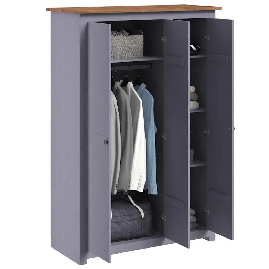 3-Door Wardrobe Grey Solid Pinewood Storage Cabinet with Shelves Hanger Bar