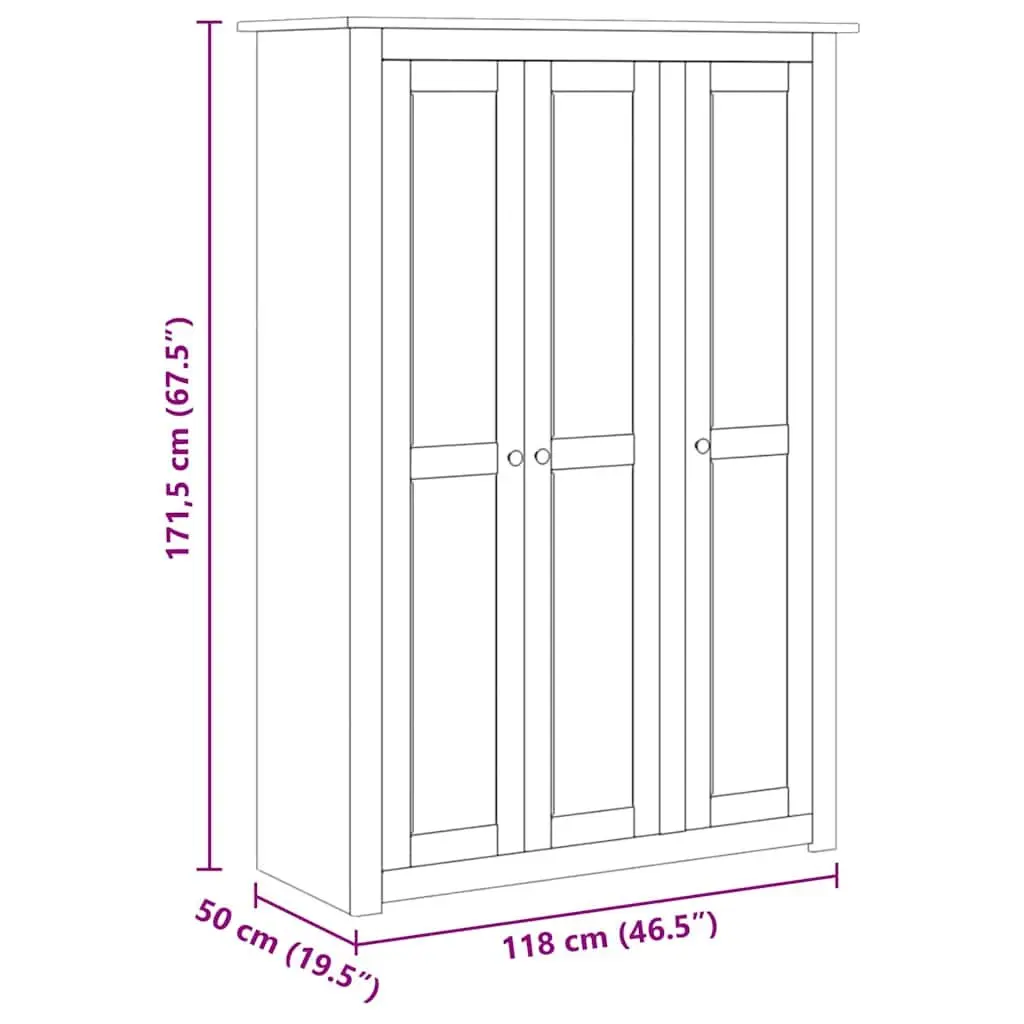 3-Door Wardrobe Grey Solid Pinewood Storage Cabinet with Shelves Hanger Bar