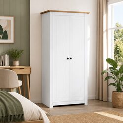White Solid Pine Wardrobe with Hanging Rod and Shelf