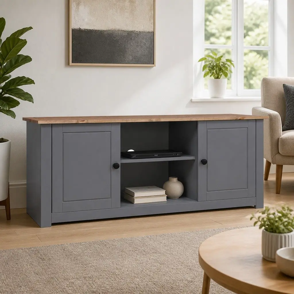 TV Cabinet Grey Rustic Wooden Storage Unit 120x40x50cm Solid Pine Wood