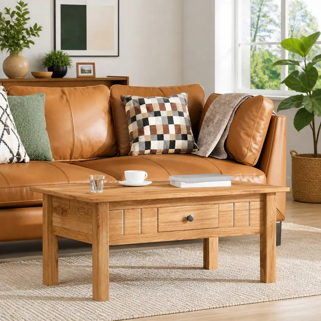 Solid Pine Wood Coffee Table with Drawer in Brown