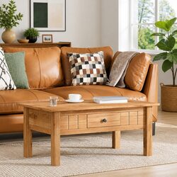 Solid Pine Wood Coffee Table with Drawer in Brown