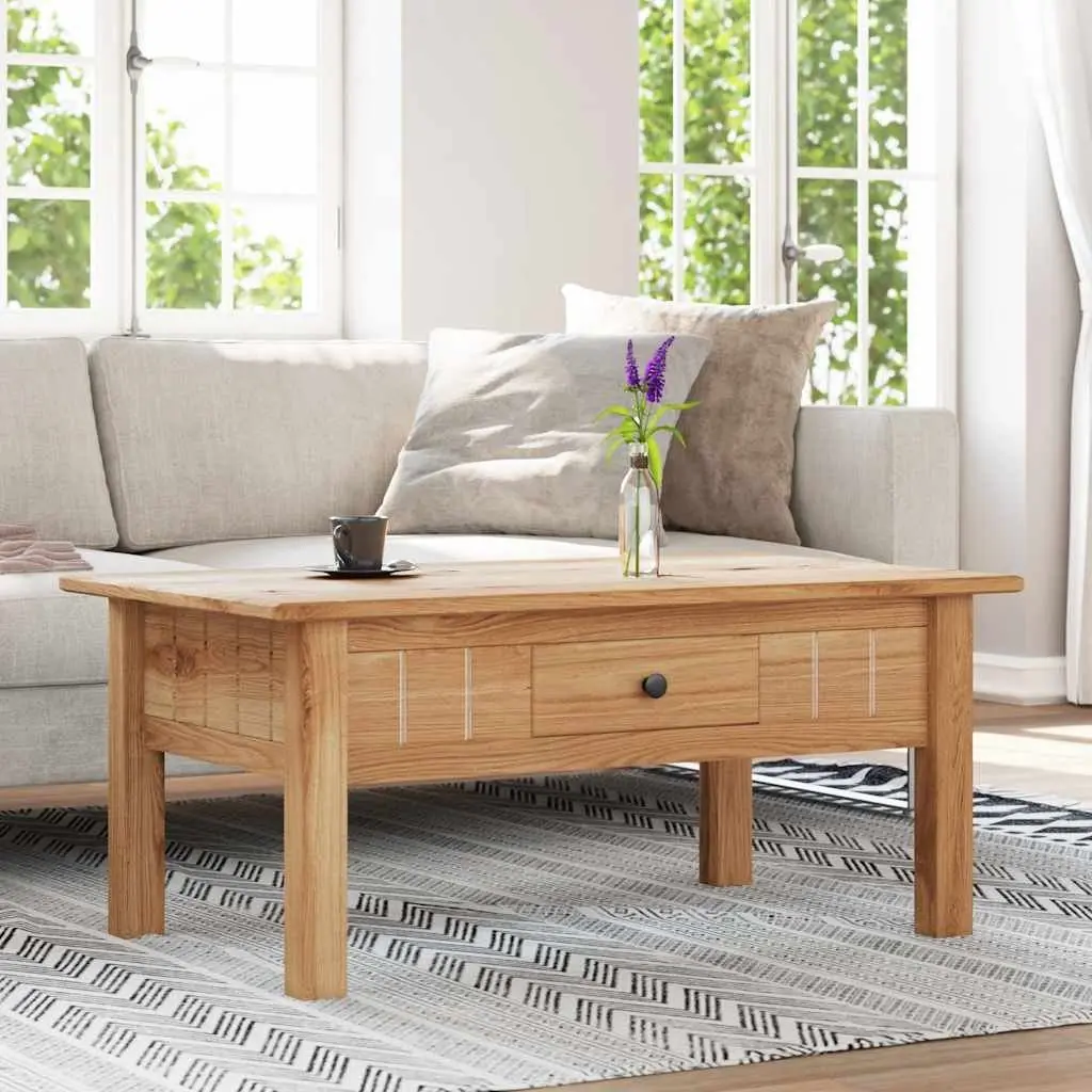 Solid Pine Wood Coffee Table with Drawer in Brown