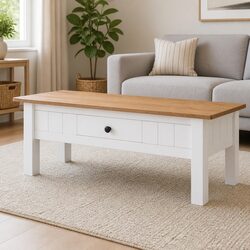 White Solid Pine Wood Coffee Table with Drawer Storage