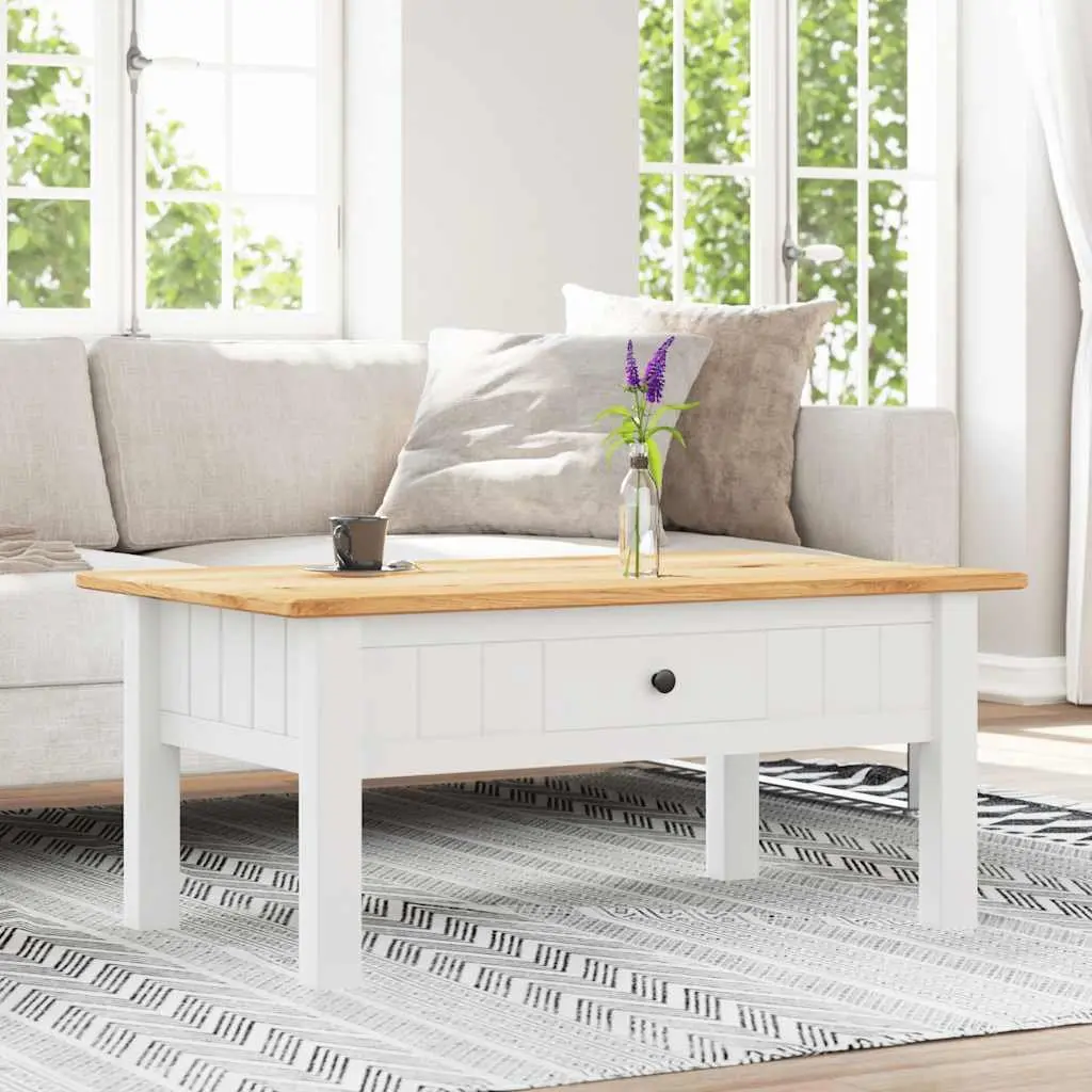 White Solid Pine Wood Coffee Table with Drawer Storage