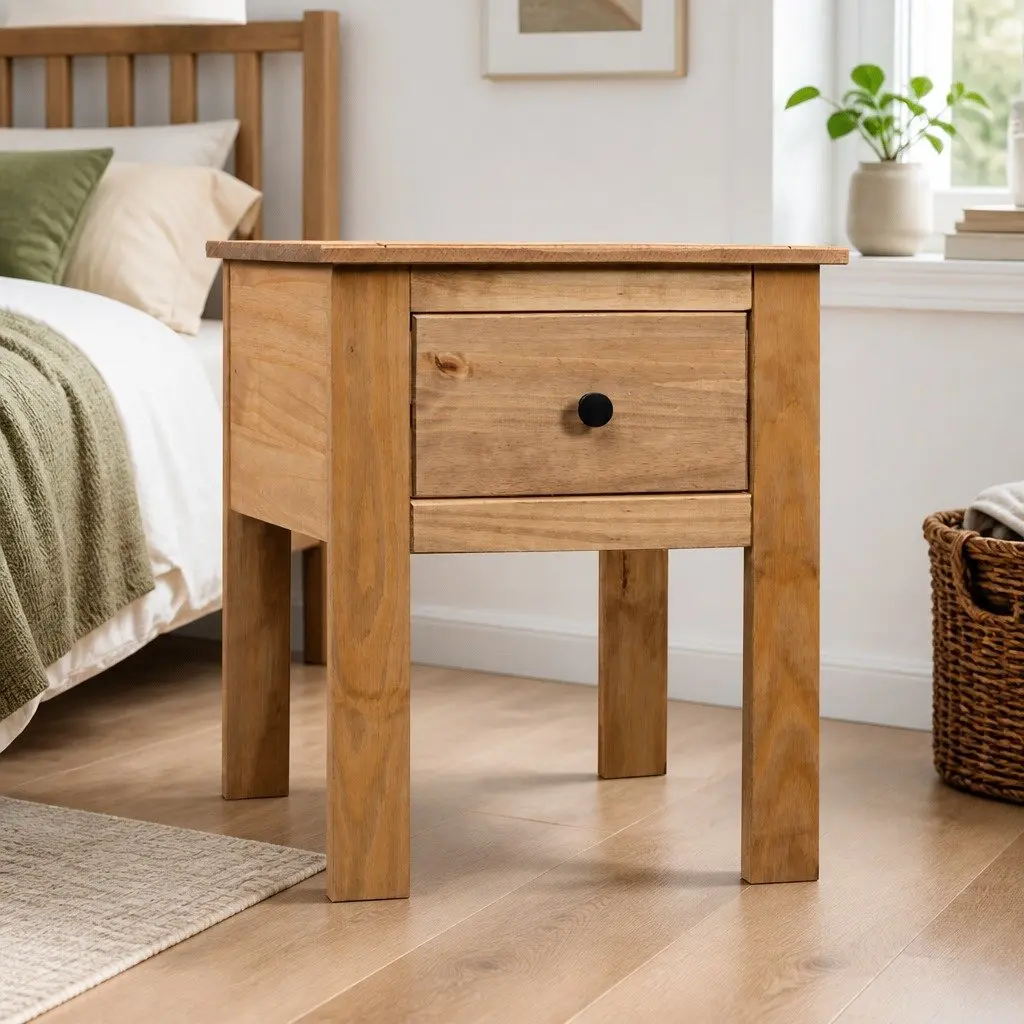 Brown Pine Bedside Cabinet 46x40x57cm with Storage Drawer