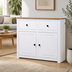 White Solid Pinewood Sideboard with 2 Drawers and 2 Doors
