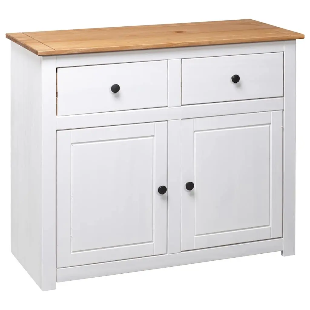Pinewood Storage Cabinet White Sideboard with 2 Drawers and 2 Doors for Living Room or Dining Area 93W x 40D x 80H cm