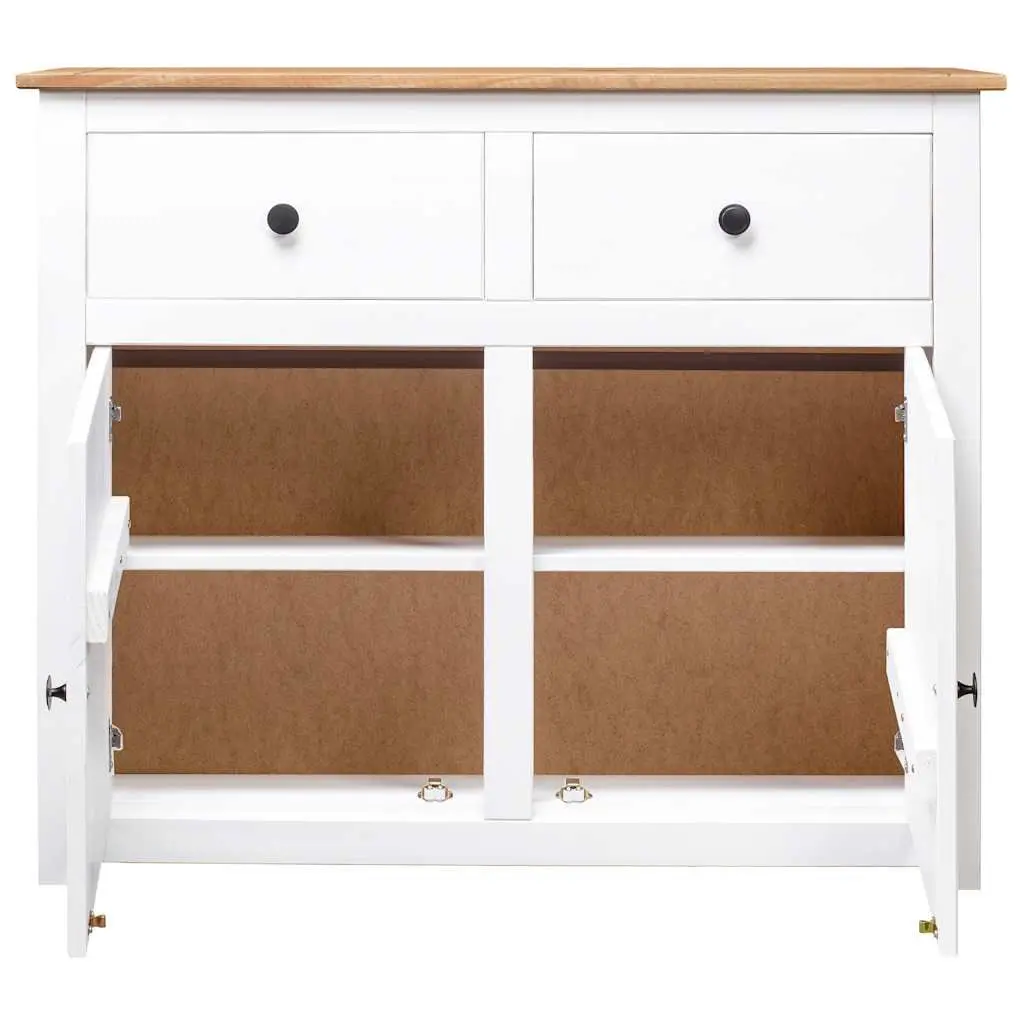 Pinewood Storage Cabinet White Sideboard with 2 Drawers and 2 Doors for Living Room or Dining Area 93W x 40D x 80H cm