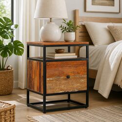 Reclaimed Wood Bedside Cabinet with Steel Frame 40x30x50cm