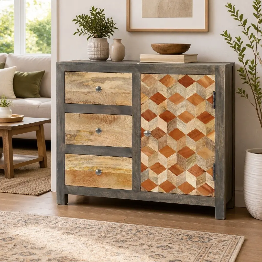 Mid-Century Mango Wood Side Cabinet with Door and Drawers