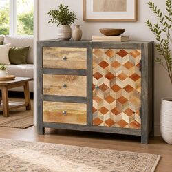 Mid-Century Mango Wood Side Cabinet with Door and Drawers
