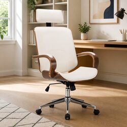Elegant Swivel Office Chair with Headrest in Cream Faux Leather