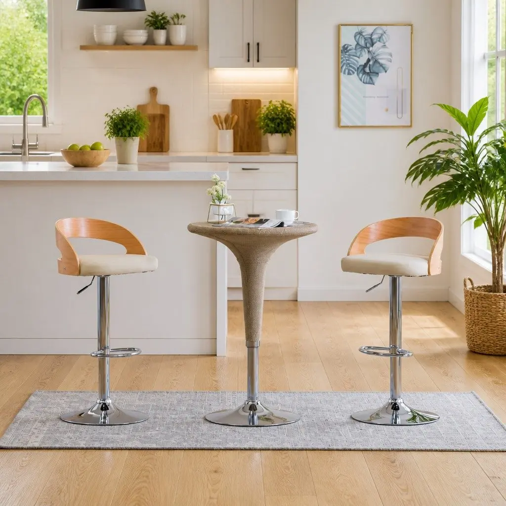 Bar Stools Cream Faux Leather Adjustable Height Bentwood Frame