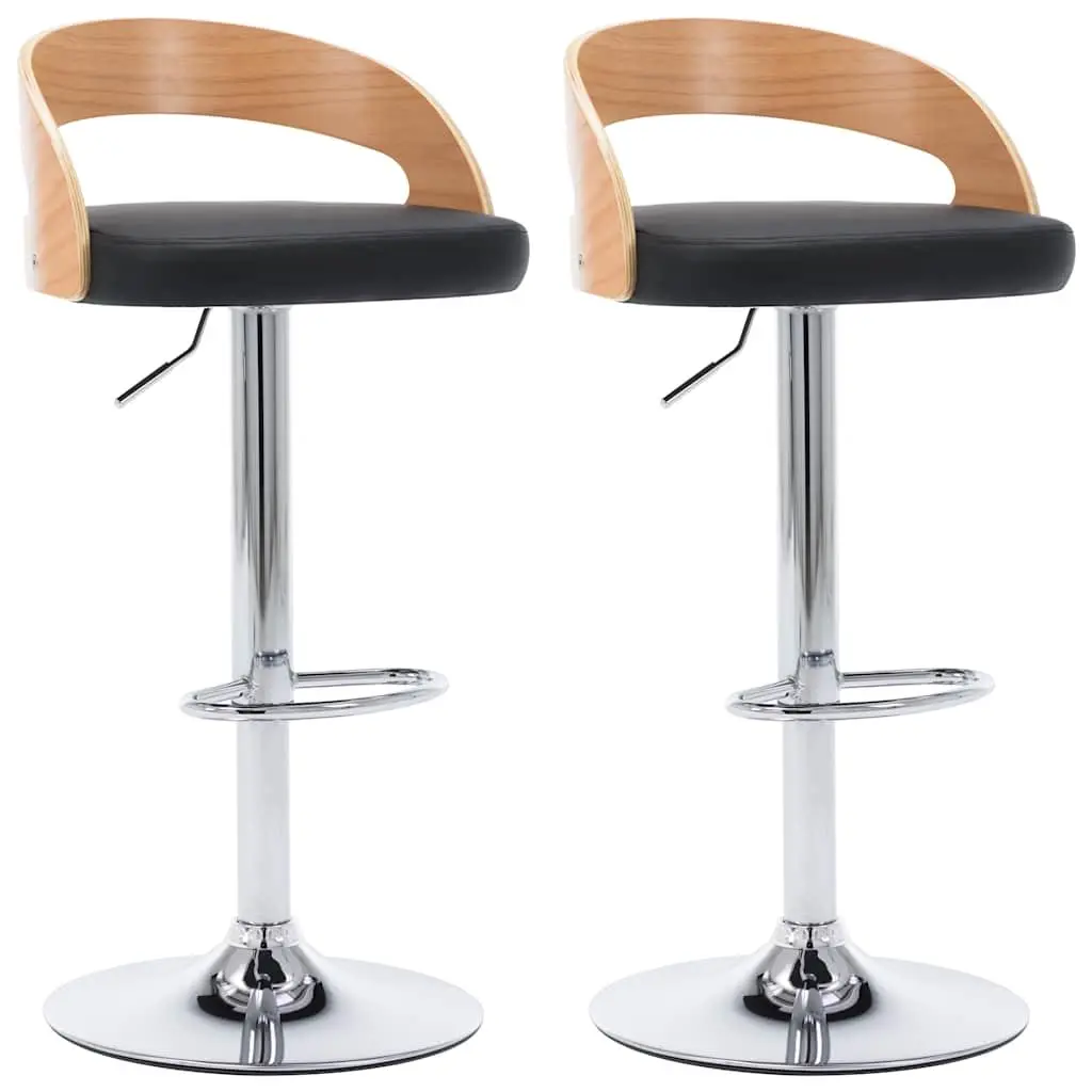 Bar Stools 2 pcs Black Faux Leather Bentwood Frame Gas Lift Height Adjustable