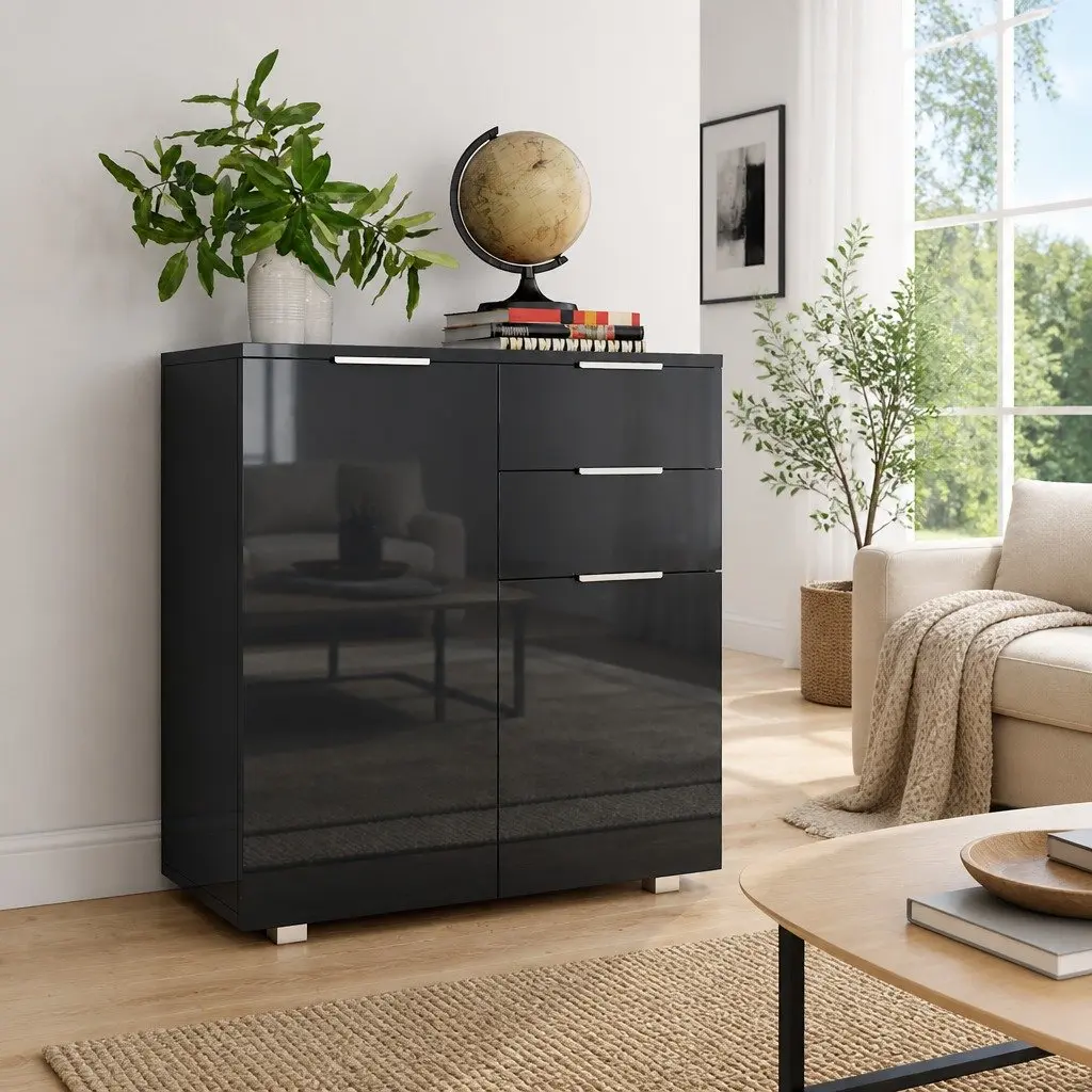 High Gloss Black Sideboard Storage Cabinet with 2 Drawers