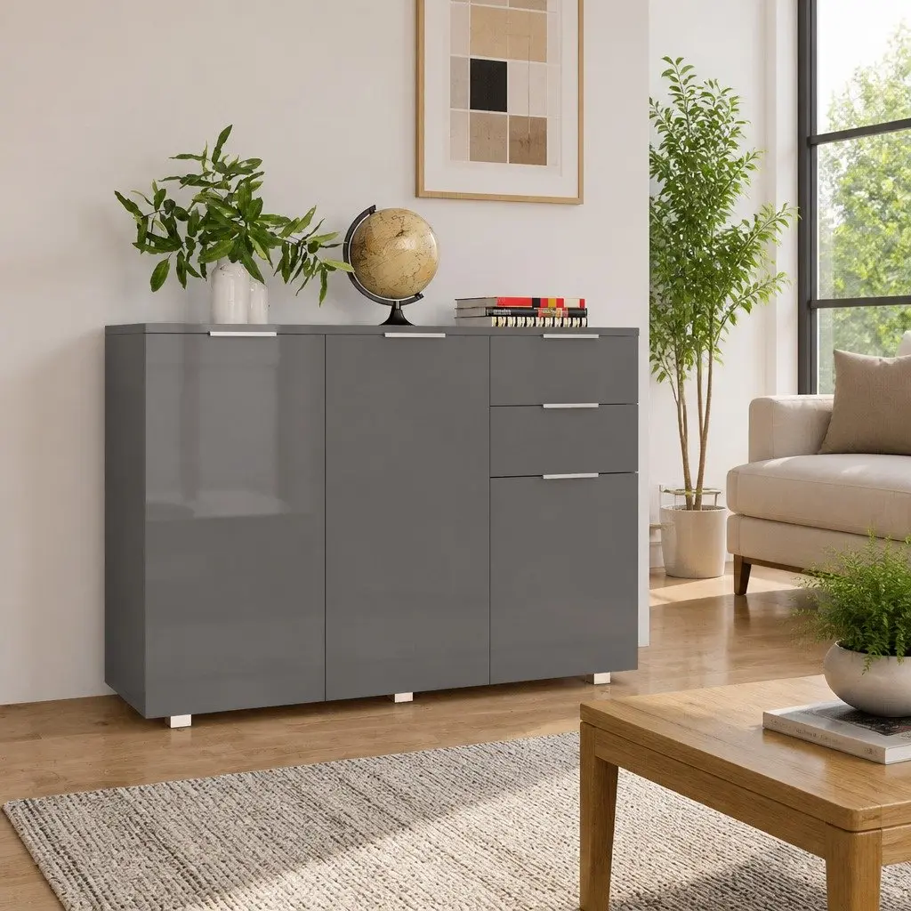 Grey High Gloss Sideboard with Drawers and Doors