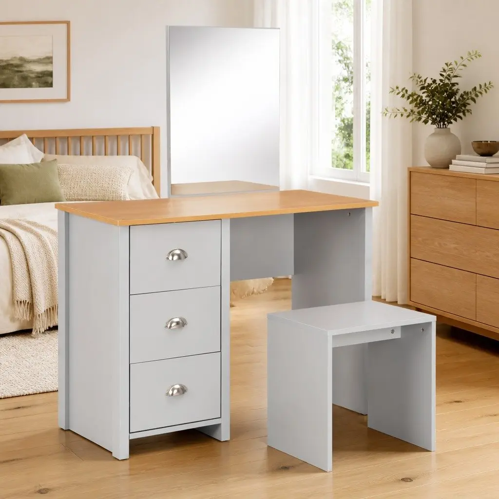 Grey Vanity Makeup Table with Mirror and Stool