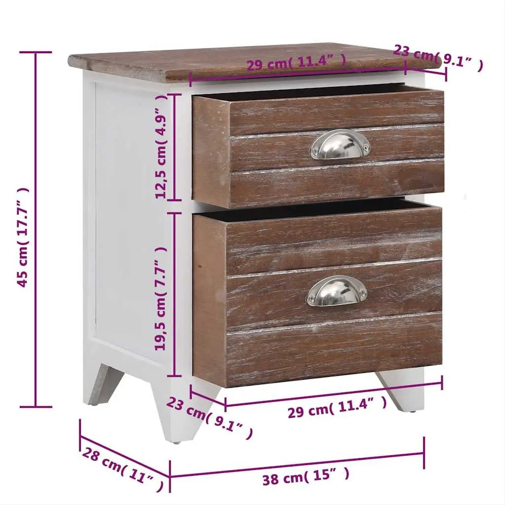 Bedside Table Nightstand Brown White 2 Drawer Wooden Storage Cabinet