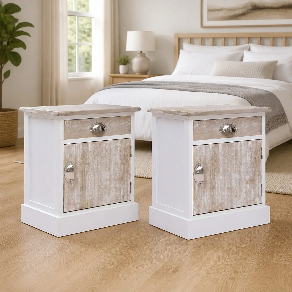 White Nightstand Set of 2 Paulownia Wood Bedside Cabinets with 1 Drawer and 1 Door for Bedroom or Living Room Storage