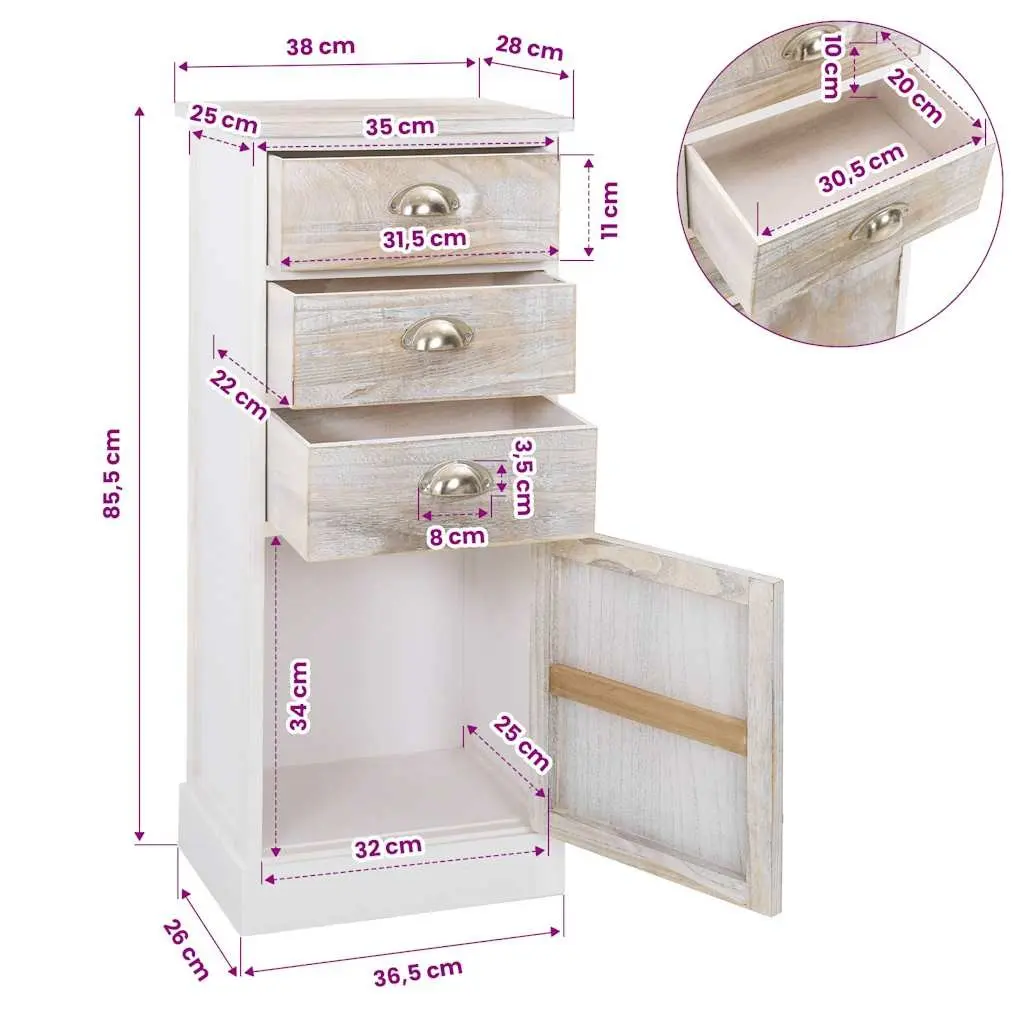 White Wooden Side Cabinet with 3 Drawers