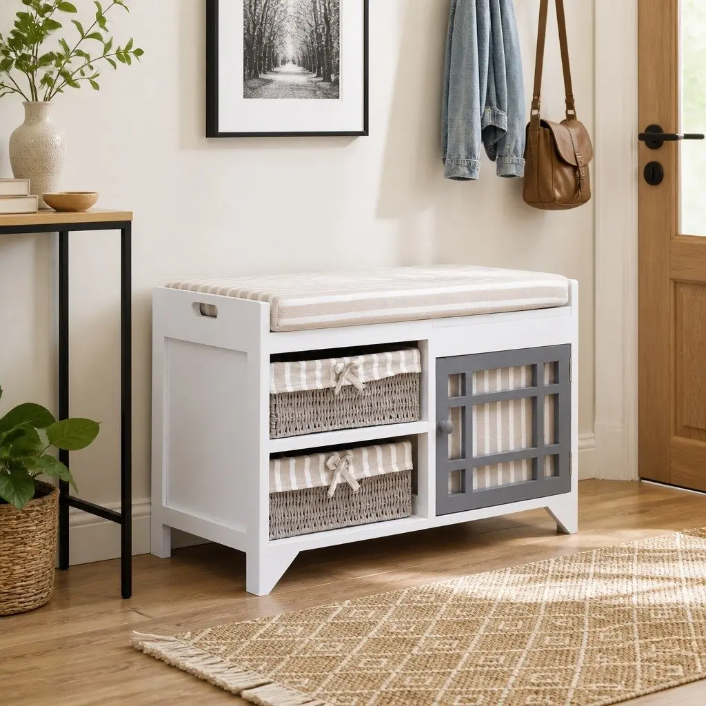 Hall Bench Storage Entryway Seat White Paulownia Wood Cushion Drawers Door