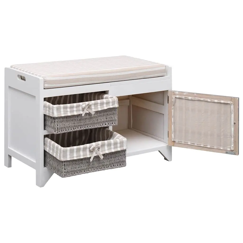 Hall Bench Storage Entryway Seat White Paulownia Wood Cushion Drawers Door