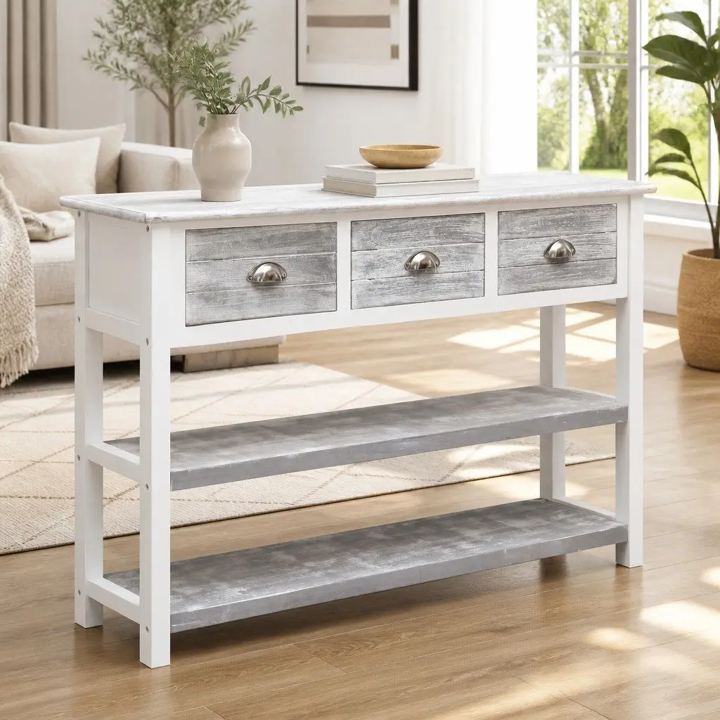 Grey Wooden Sideboard with 3 Drawers and 2 Shelves