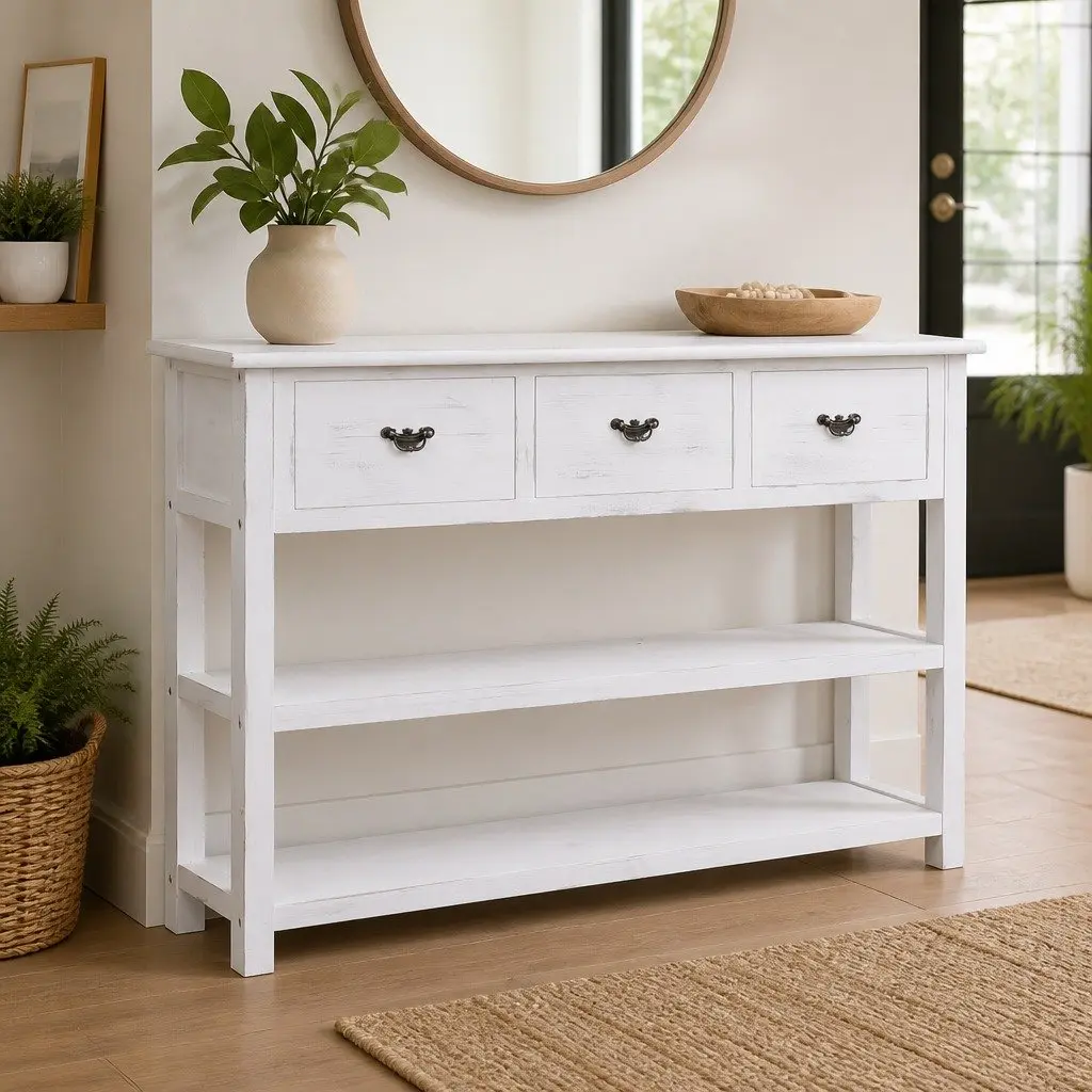 White Wooden Sideboard with 3 Drawers and 2 Shelves