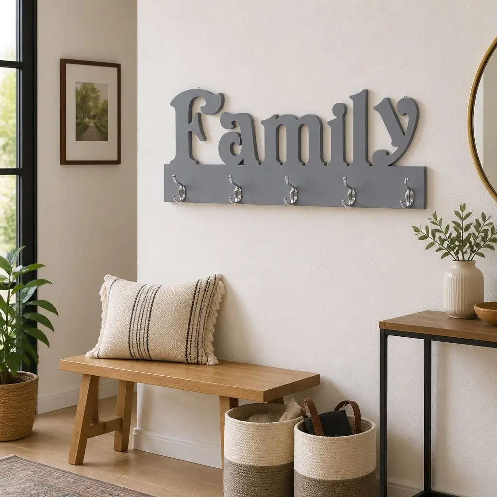 Grey Family Cutout Wall Mounted Coat Rack with 5 Hooks