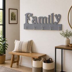 Grey Family Cutout Wall Mounted Coat Rack with 5 Hooks