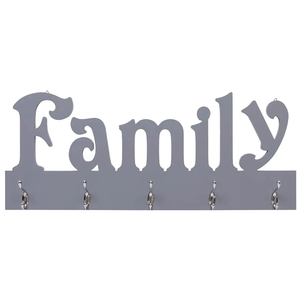 Grey Family Cutout Wall Mounted Coat Rack with 5 Hooks