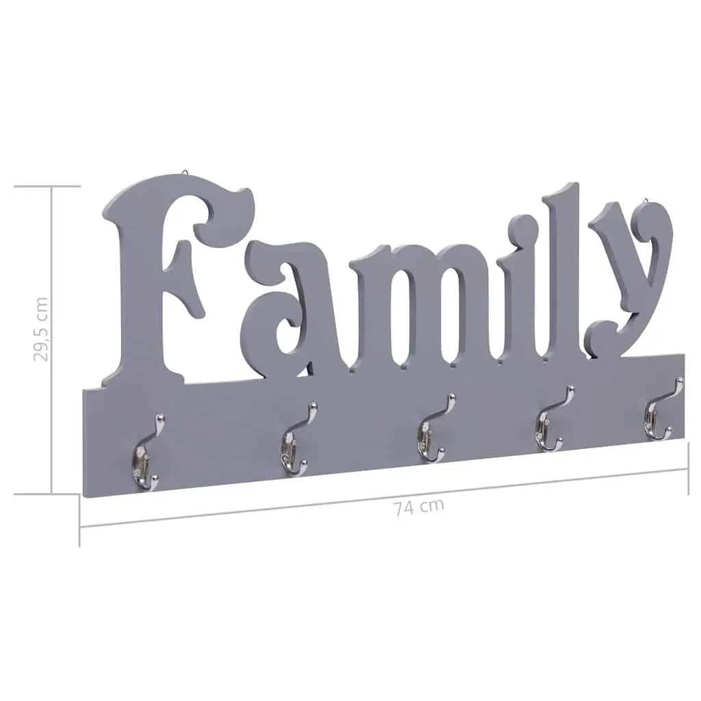 Grey Family Cutout Wall Mounted Coat Rack with 5 Hooks