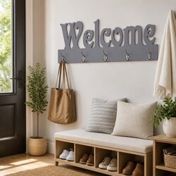 Grey Wall Mounted Coat Rack with Welcome Lettering