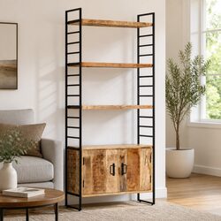 4-Tier Bookcase in Rough Mango Wood and Iron Frame
