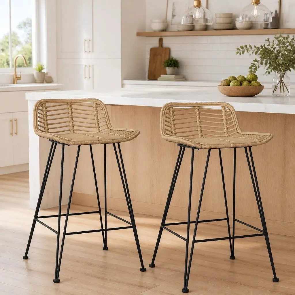 Natural Rattan Bar Stools 2 pcs with Backrest