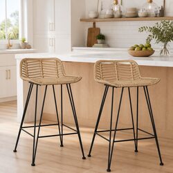 Natural Rattan Bar Stools 2 pcs with Backrest