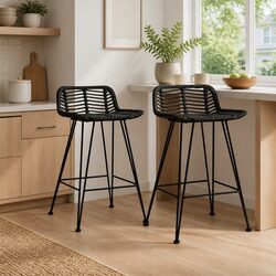 Set of 2 Black Rattan Bar Stools for Kitchen or Pub