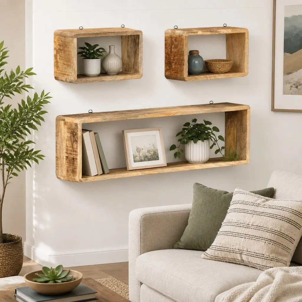 Wall Cube Shelf Set Brown 3 Piece Solid Mango Wood Floating Storage Display