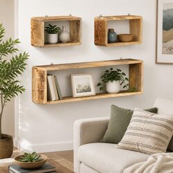 3-Piece Wall Cube Shelf Set in Solid Mango Wood