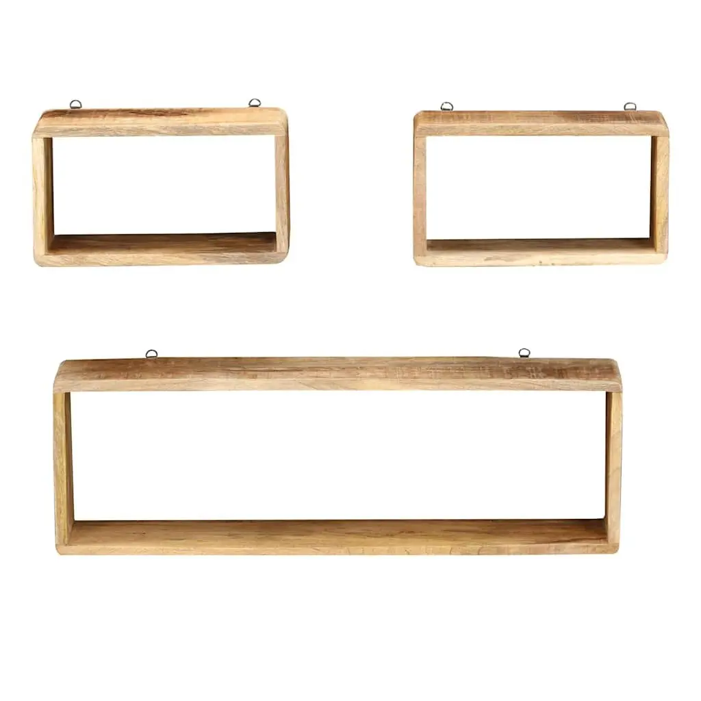 Wall Cube Shelf Set Brown 3 Piece Solid Mango Wood Floating Storage Display