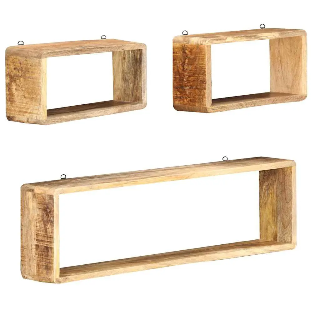 Wall Cube Shelf Set Brown 3 Piece Solid Mango Wood Floating Storage Display