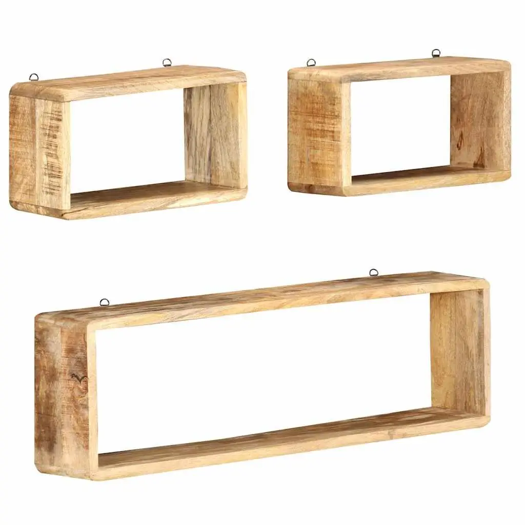 Wall Cube Shelf Set Brown 3 Piece Solid Mango Wood Floating Storage Display