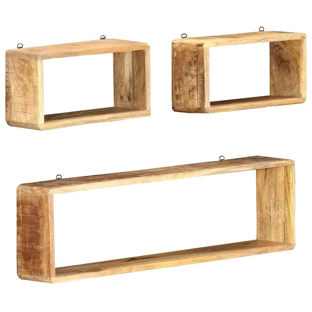 Wall Cube Shelf Set Brown 3 Piece Solid Mango Wood Floating Storage Display