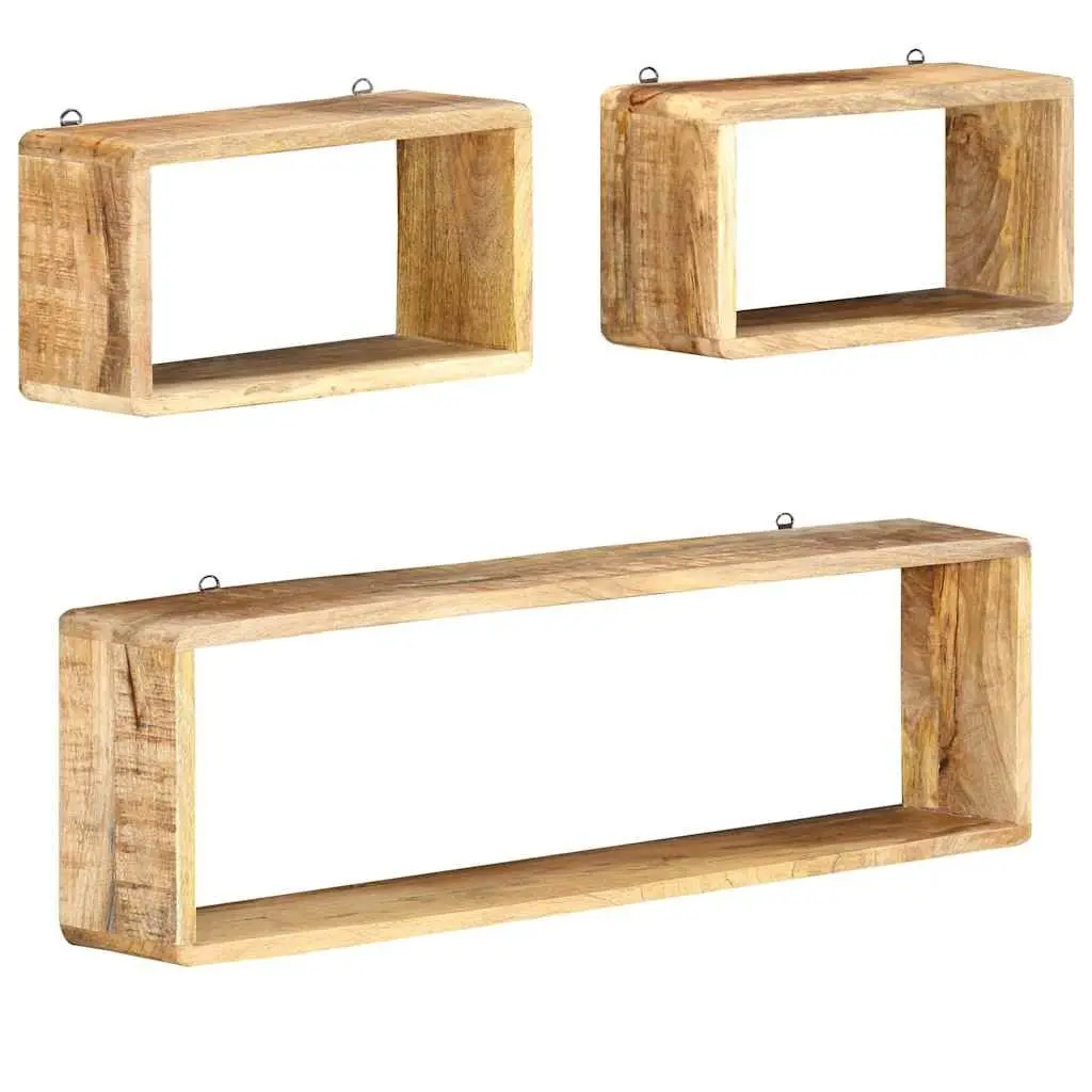 Wall Cube Shelf Set Brown 3 Piece Solid Mango Wood Floating Storage Display