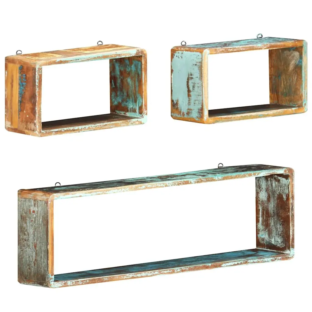 3 Piece Cube Shelves Set Floating Storage Display Solid Wood Reclaimed Brown
