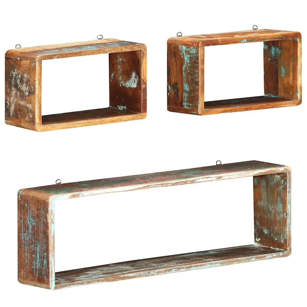 3 Piece Cube Shelves Set Floating Storage Display Solid Wood Reclaimed Brown